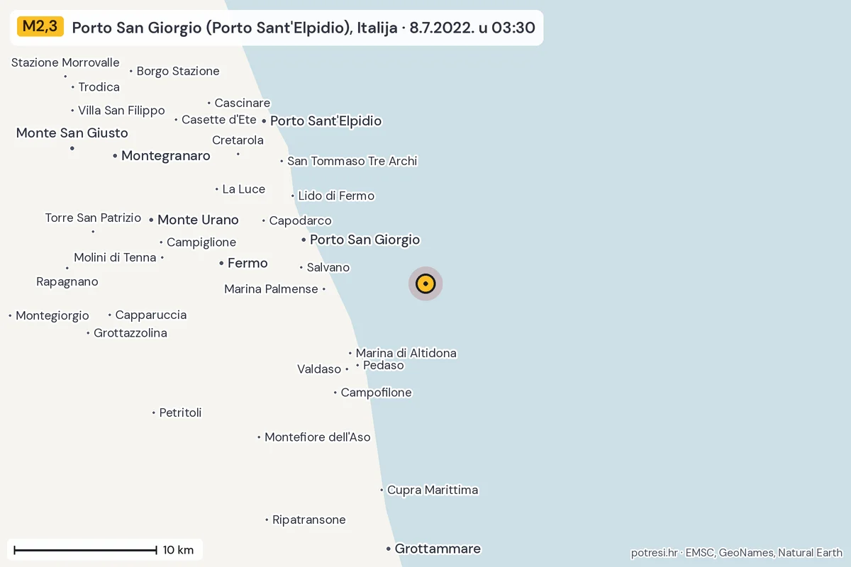 Karta: okolica epicentra, 60 km, potres M2,3, Porto San Giorgio (Porto Sant'Elpidio), Italija, 8.7.2022.