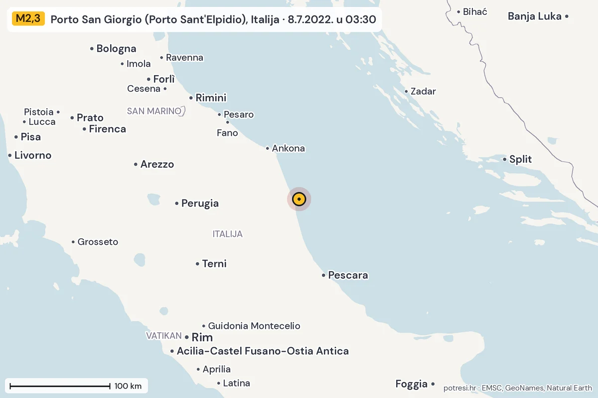 Karta: šire područje, 600 km, potres M2,3, Porto San Giorgio (Porto Sant'Elpidio), Italija, 8.7.2022.