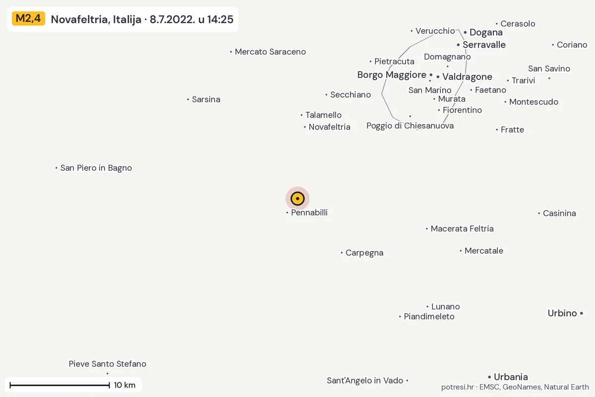 Karta: okolica epicentra, 60 km, potres M2,4, Novafeltria, Italija, 8.7.2022.