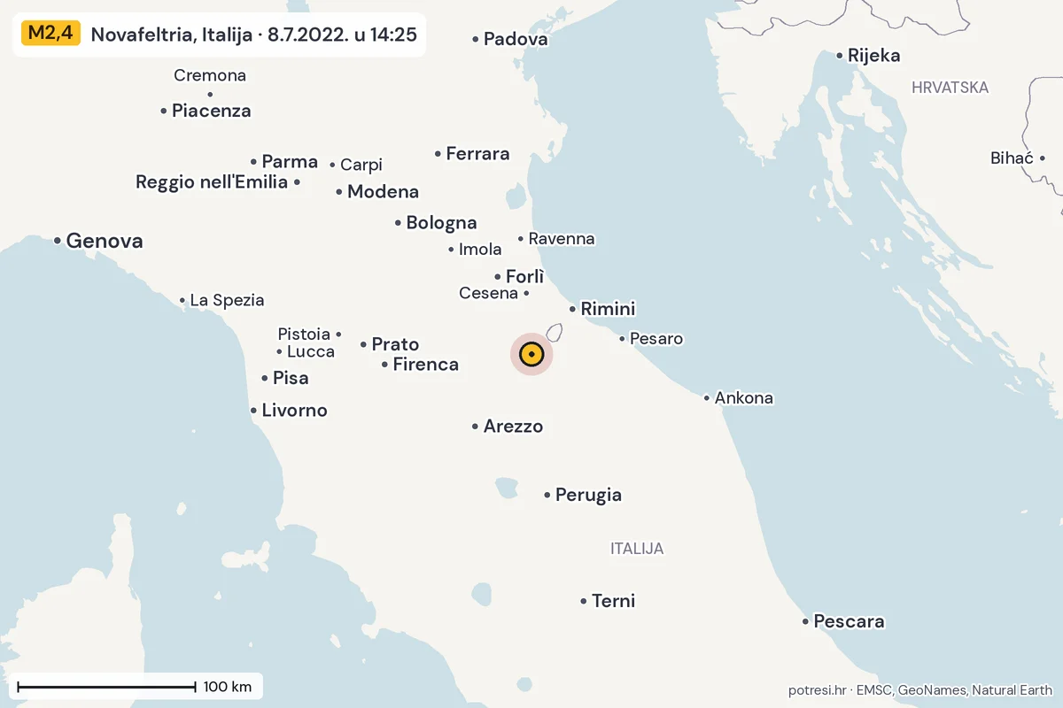 Karta: šire područje, 600 km, potres M2,4, Novafeltria, Italija, 8.7.2022.