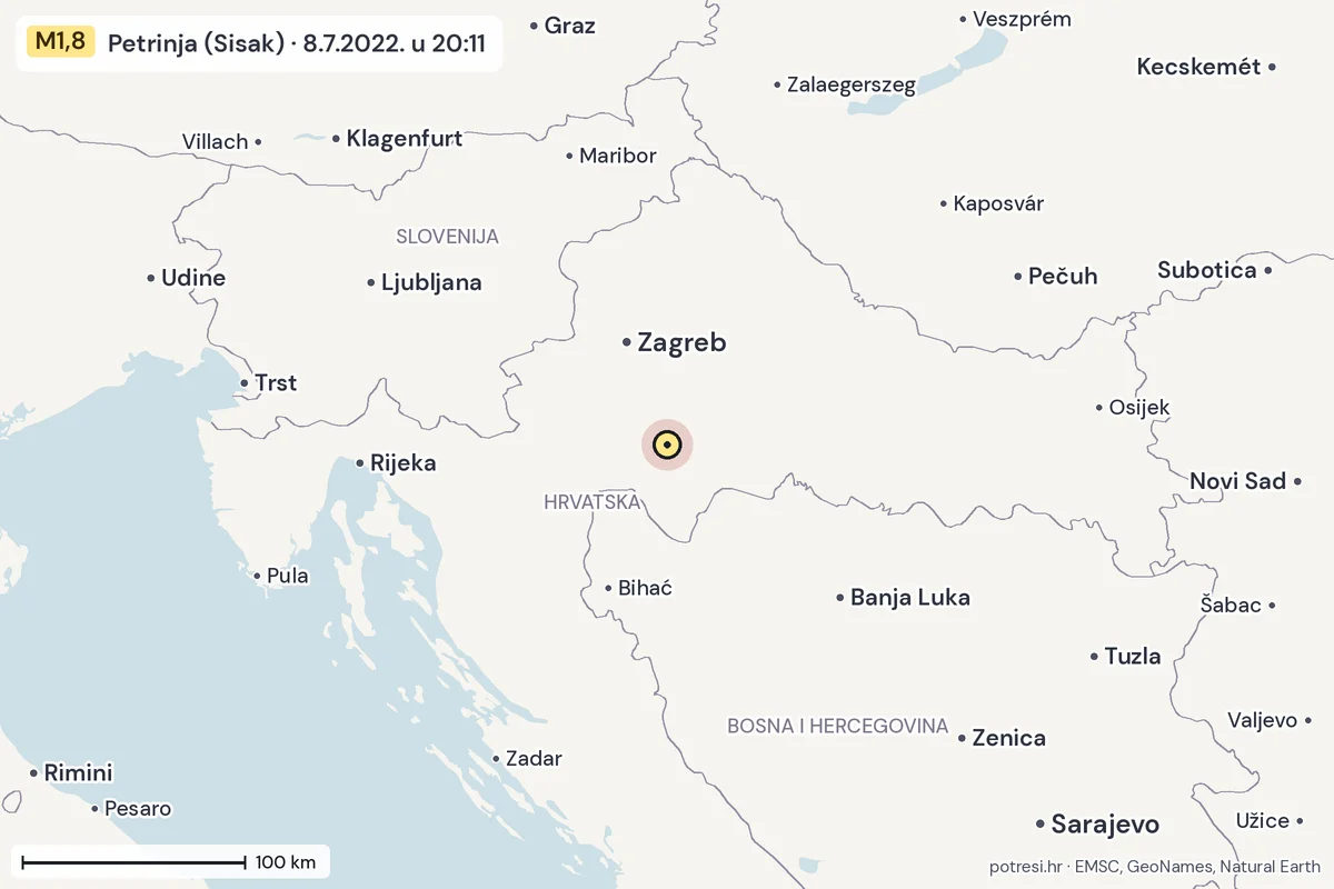 Karta: šire područje, 600 km, potres M1,8, Petrinja (Sisak), 8.7.2022.