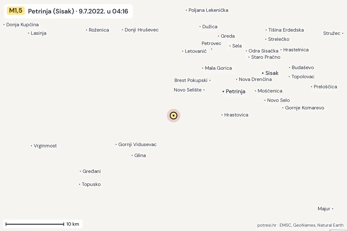 Karta: okolica epicentra, 60 km, potres M1,5, Petrinja (Sisak), 9.7.2022.