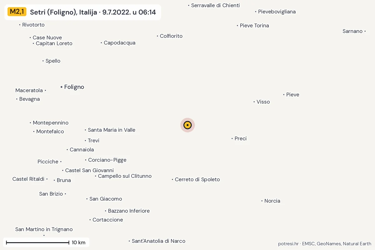 Karta: okolica epicentra, 60 km, potres M2,1, Setri (Foligno), Italija, 9.7.2022.