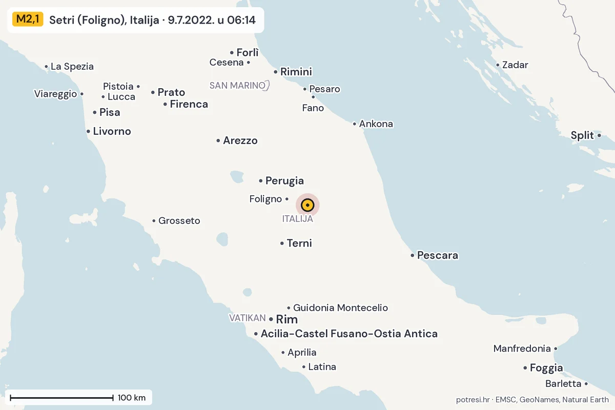 Karta: šire područje, 600 km, potres M2,1, Setri (Foligno), Italija, 9.7.2022.