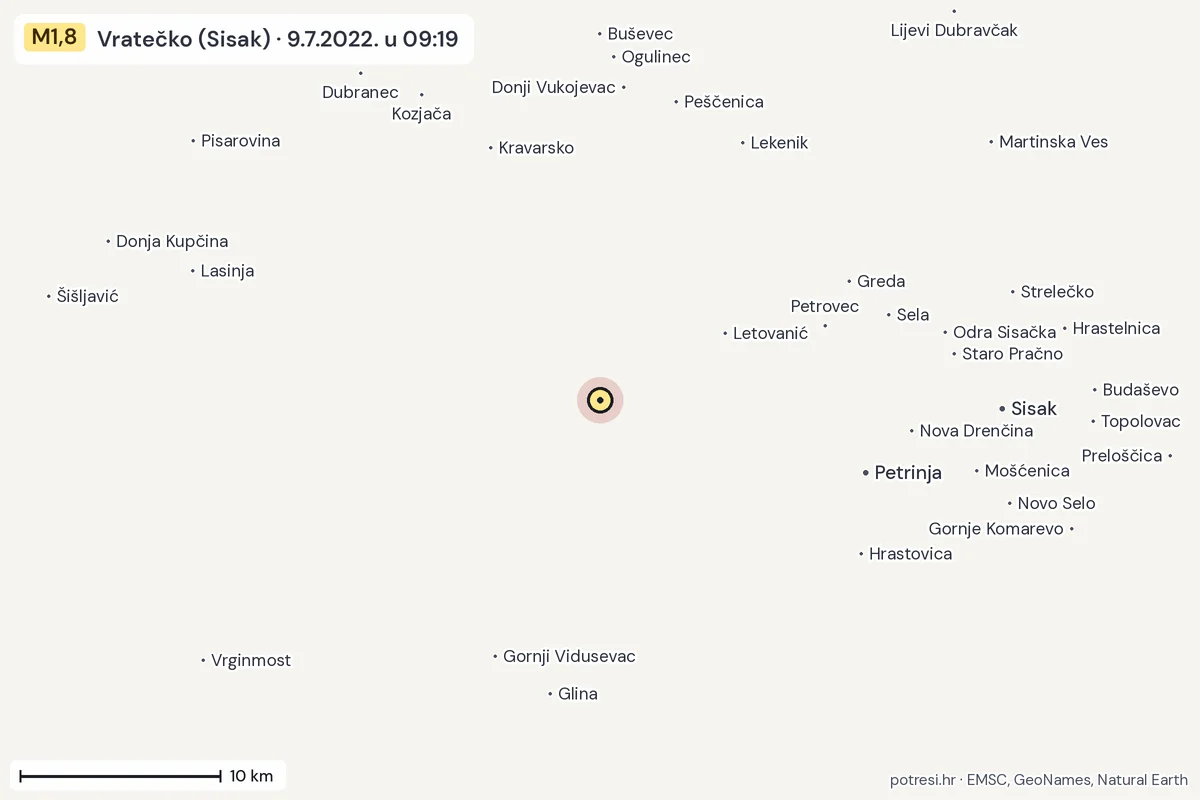 Karta: okolica epicentra, 60 km, potres M1,8, Vratečko (Sisak), 9.7.2022.
