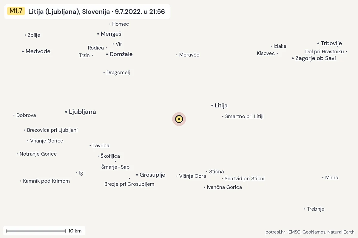 Karta: okolica epicentra, 60 km, potres M1,7, Litija (Ljubljana), Slovenija, 9.7.2022.