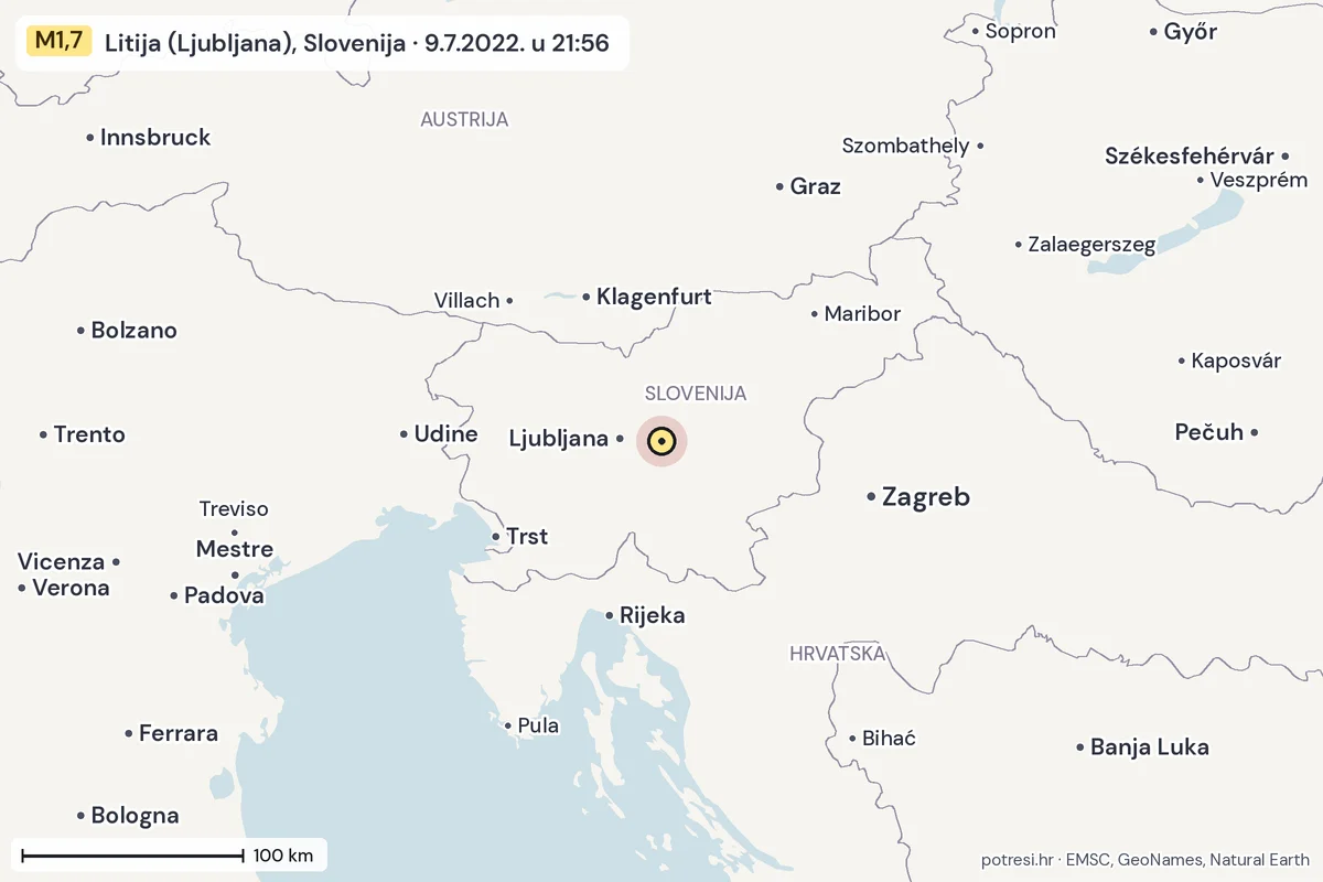 Karta: šire područje, 600 km, potres M1,7, Litija (Ljubljana), Slovenija, 9.7.2022.