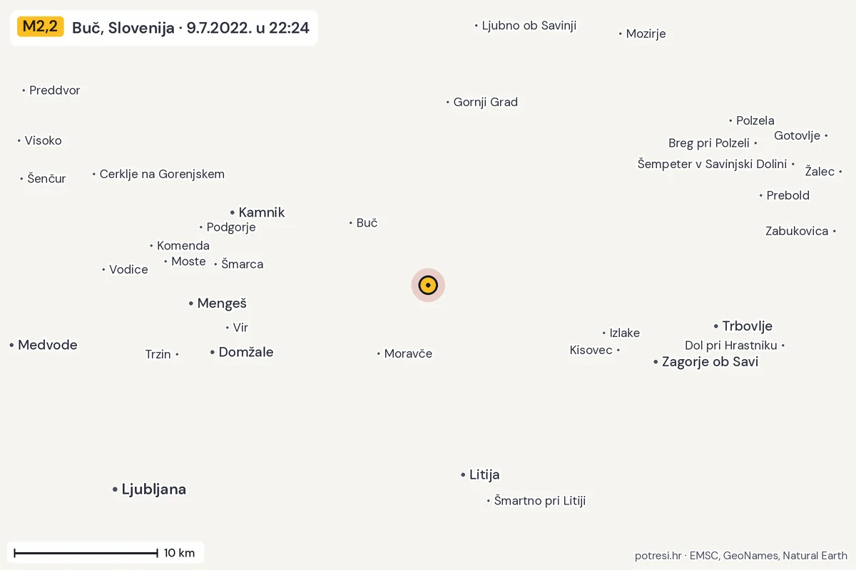 Karta: okolica epicentra, 60 km, potres M2,2, Buč, Slovenija, 9.7.2022.