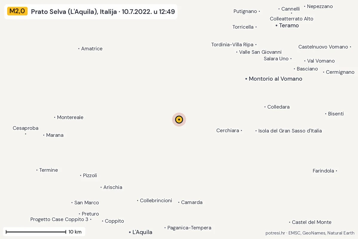 Karta: okolica epicentra, 60 km, potres M2,0, Prato Selva (L'Aquila), Italija, 10.7.2022.