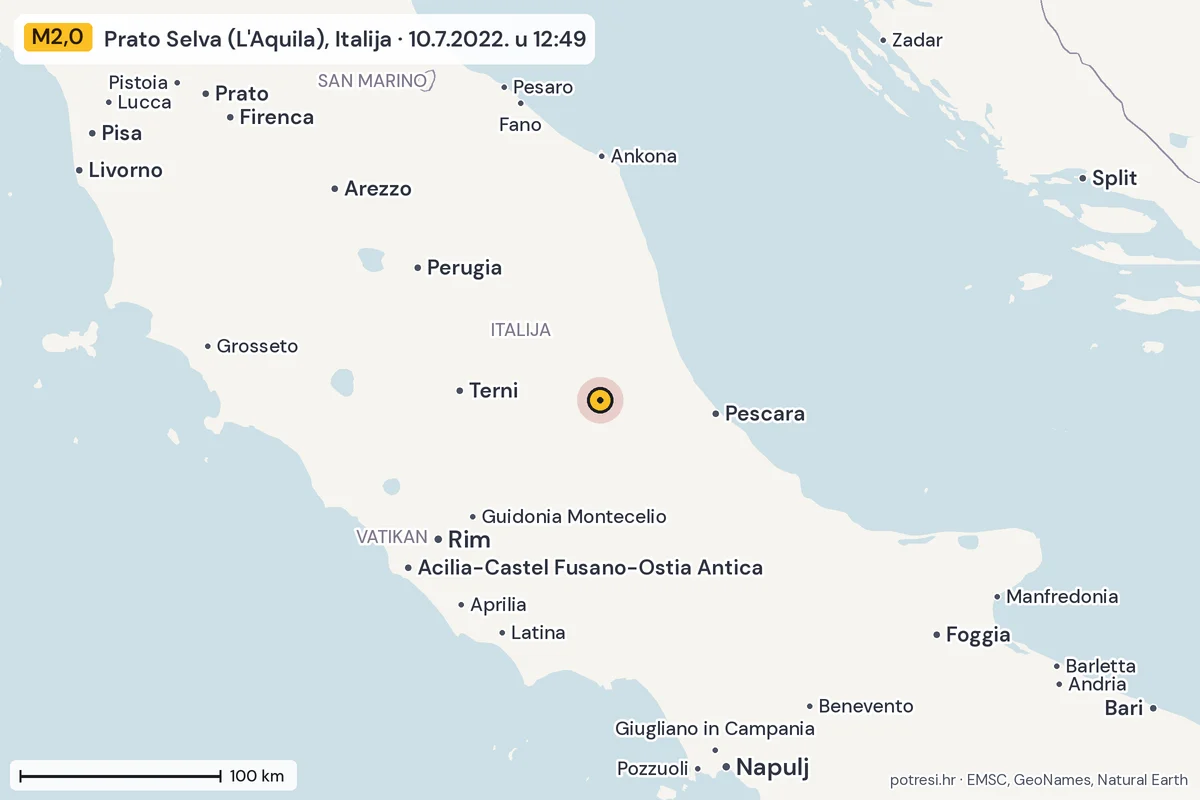 Karta: šire područje, 600 km, potres M2,0, Prato Selva (L'Aquila), Italija, 10.7.2022.