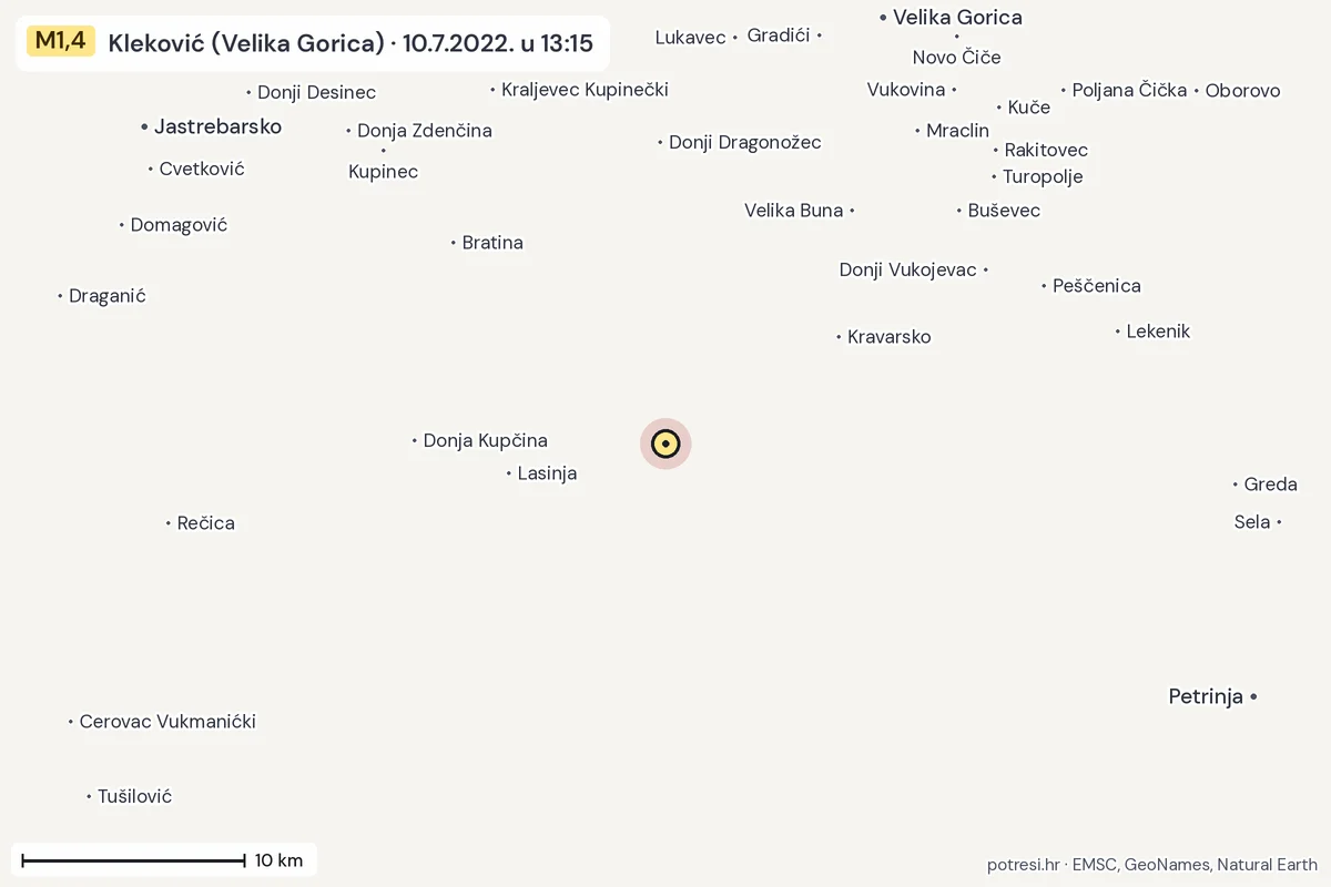 Karta: okolica epicentra, 60 km, potres M1,4, Kleković (Velika Gorica), 10.7.2022.
