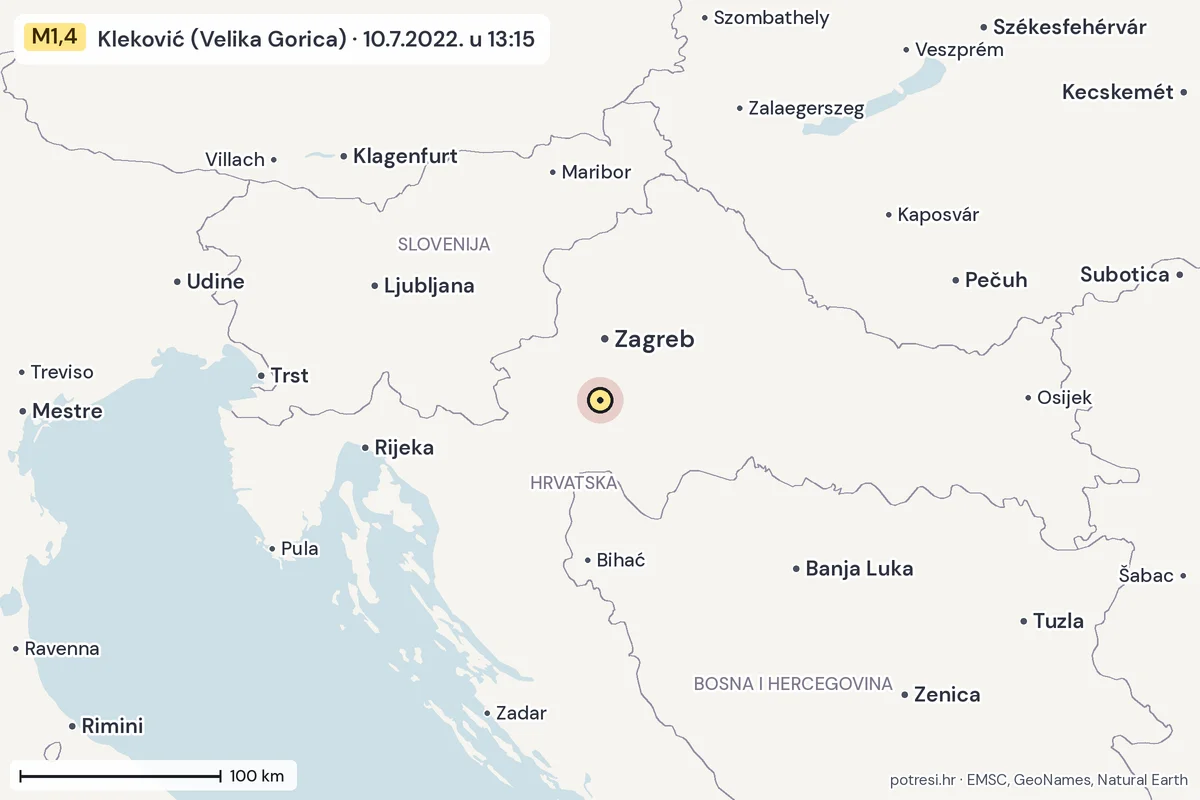 Karta: šire područje, 600 km, potres M1,4, Kleković (Velika Gorica), 10.7.2022.