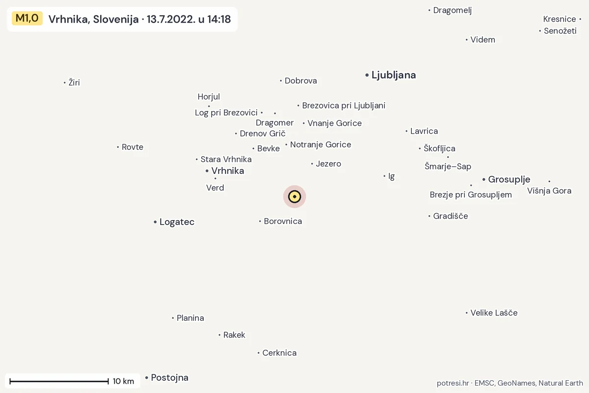 Karta: okolica epicentra, 60 km, potres M1,0, Vrhnika, Slovenija, 13.7.2022.
