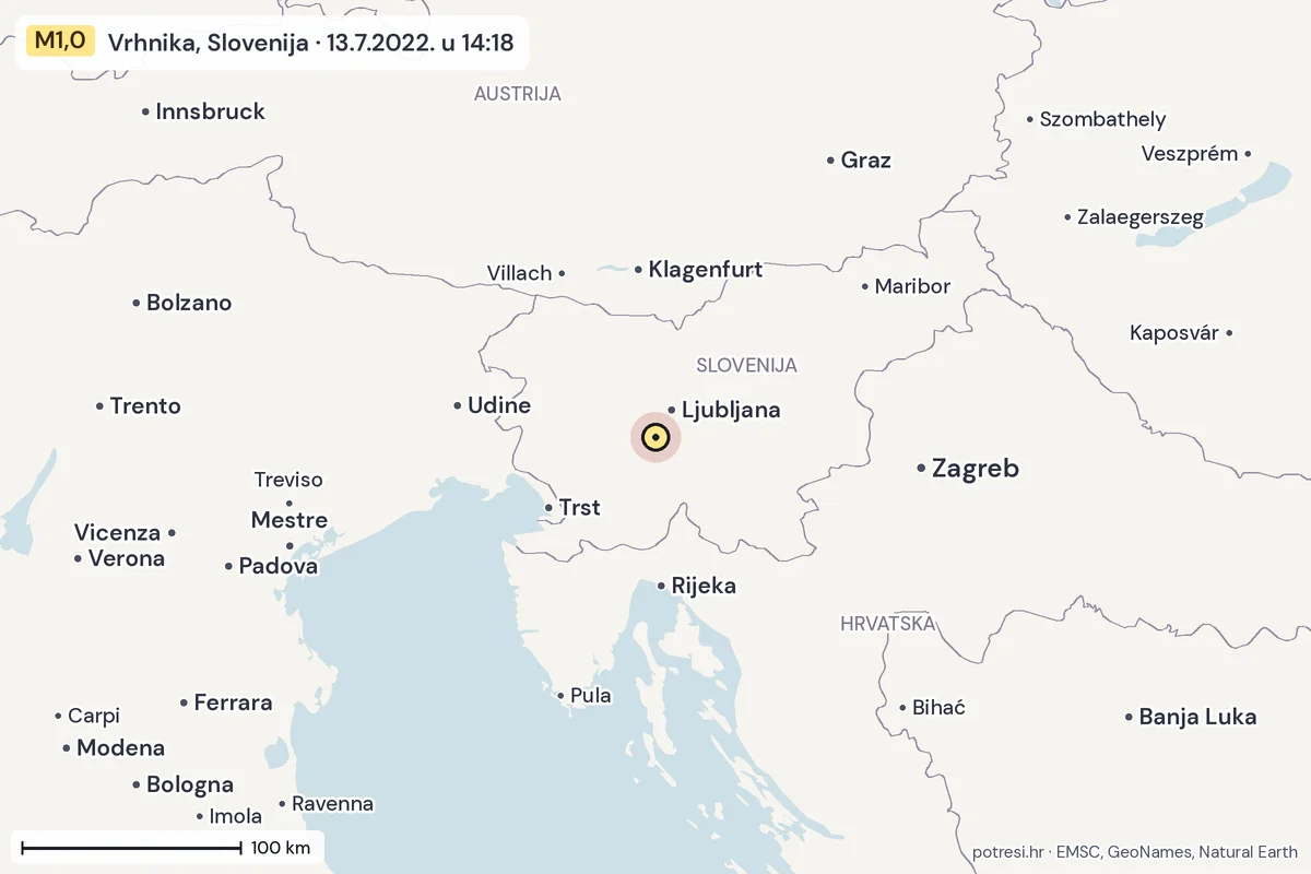 Karta: šire područje, 600 km, potres M1,0, Vrhnika, Slovenija, 13.7.2022.