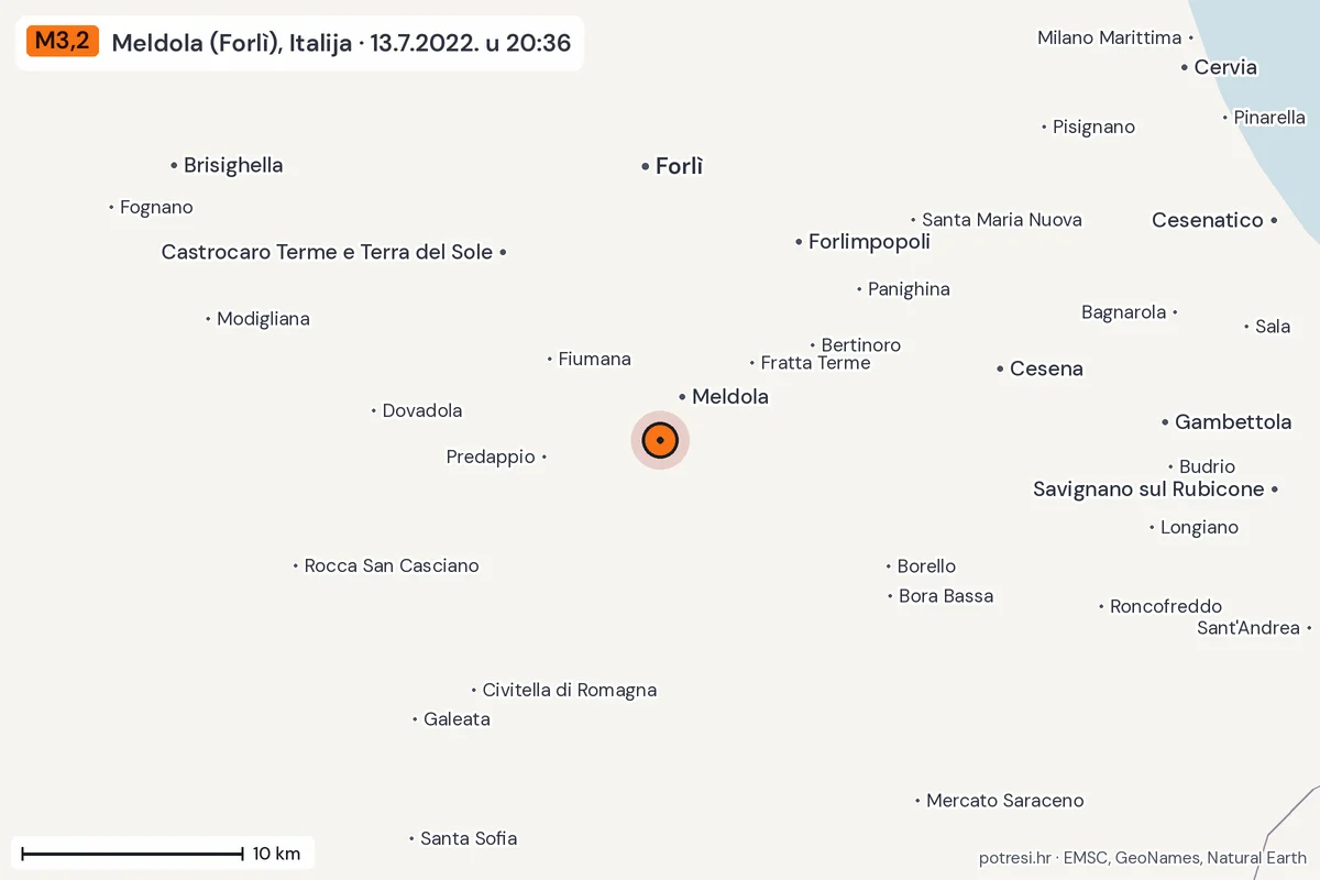 Karta: okolica epicentra, 60 km, potres M3,2, Meldola (Forlì), Italija, 13.7.2022.