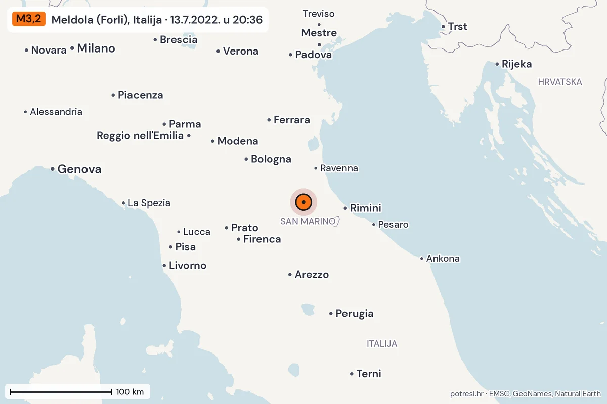 Karta: šire područje, 600 km, potres M3,2, Meldola (Forlì), Italija, 13.7.2022.