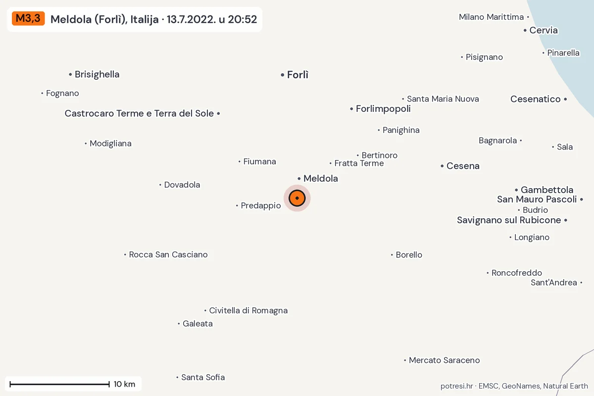 Karta: okolica epicentra, 60 km, potres M3,3, Meldola (Forlì), Italija, 13.7.2022.