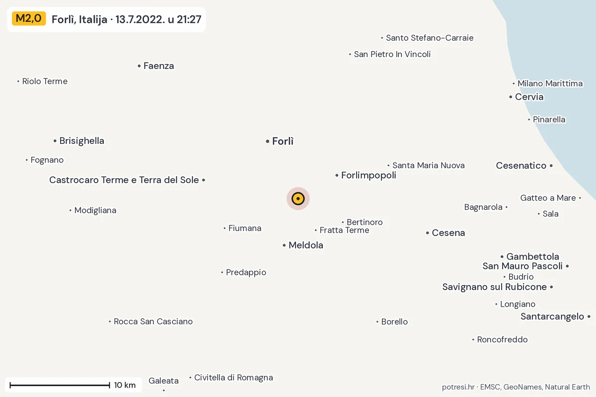 Karta: okolica epicentra, 60 km, potres M2,0, Forlì, Italija, 13.7.2022.