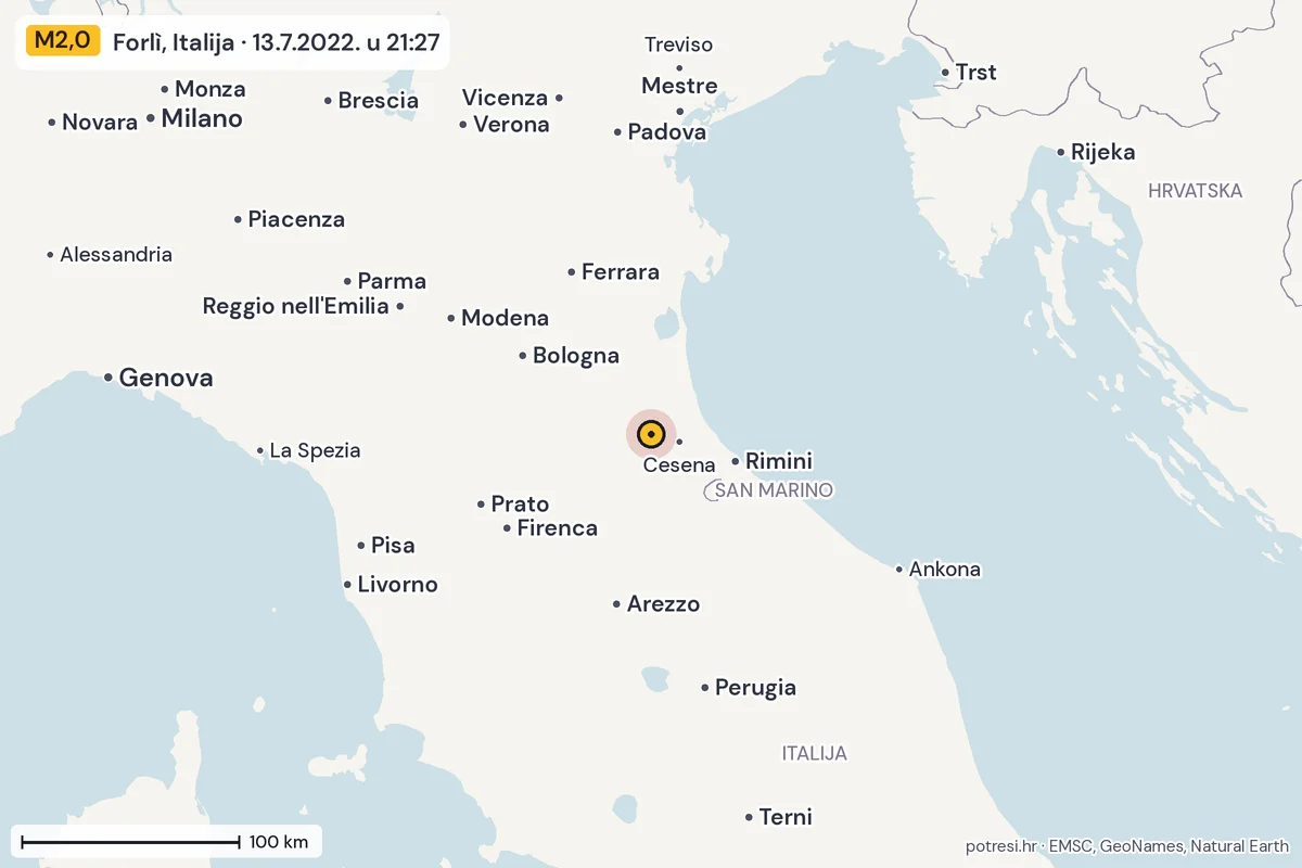 Karta: šire područje, 600 km, potres M2,0, Forlì, Italija, 13.7.2022.