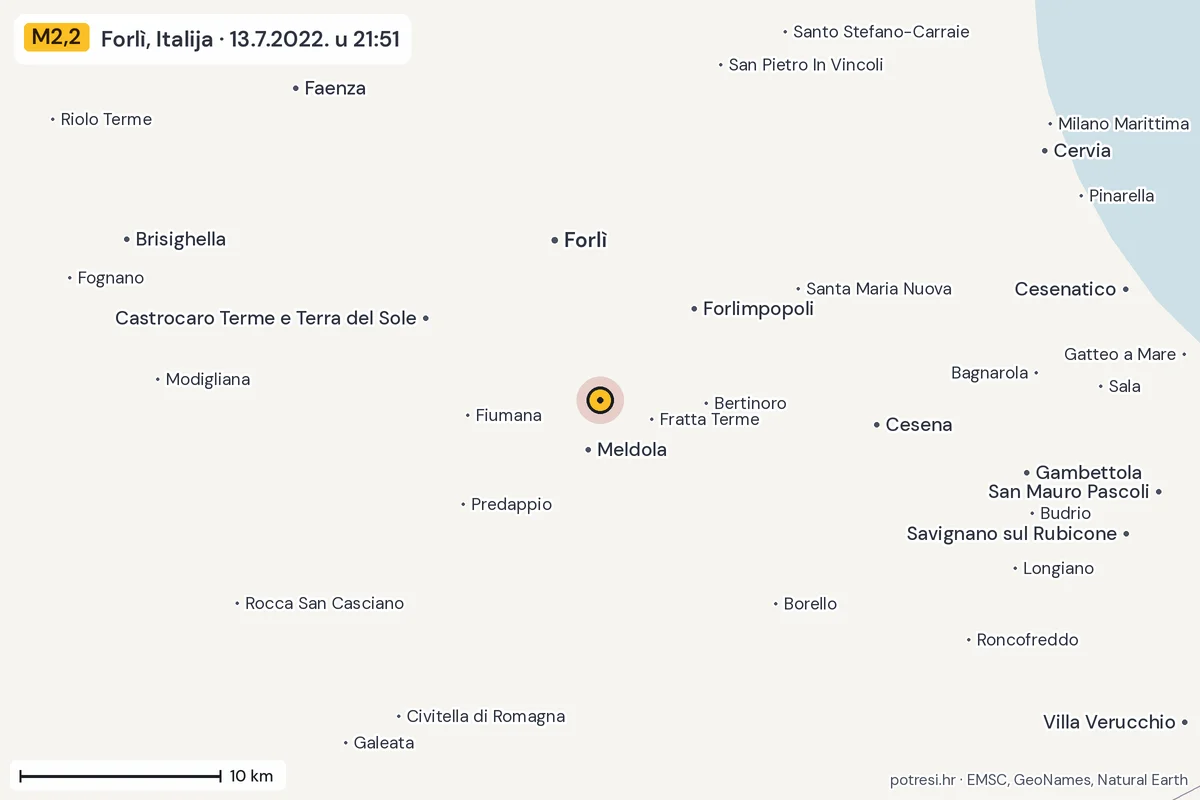 Karta: okolica epicentra, 60 km, potres M2,2, Forlì, Italija, 13.7.2022.