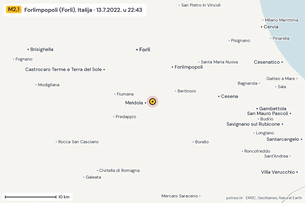 Karta: okolica epicentra, 60 km, potres M2,1, Forlimpopoli (Forlì), Italija, 13.7.2022.