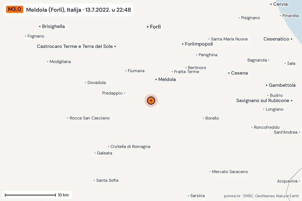 Karta: okolica epicentra, 60 km, potres M3,0, Meldola (Forlì), Italija, 13.7.2022.
