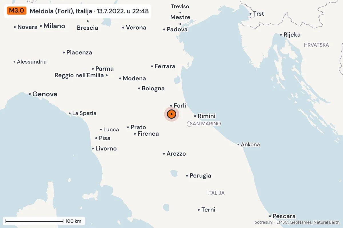 Karta: šire područje, 600 km, potres M3,0, Meldola (Forlì), Italija, 13.7.2022.