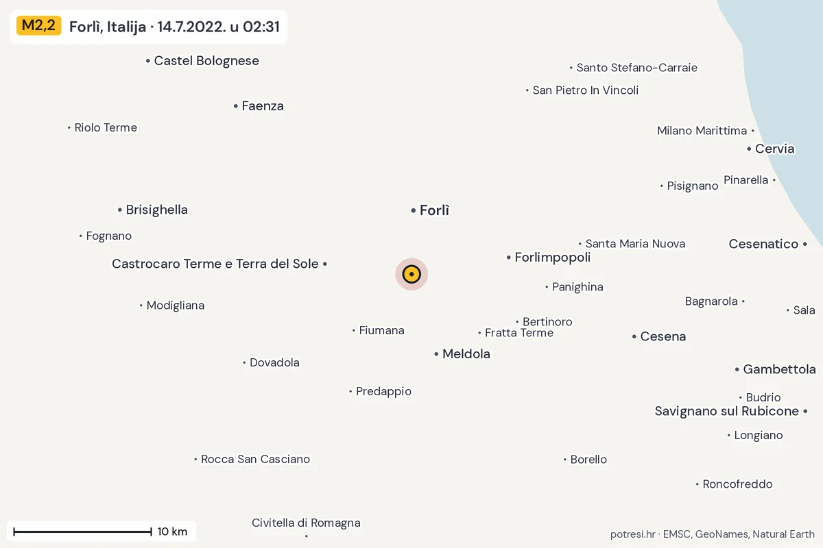 Karta: okolica epicentra, 60 km, potres M2,2, Forlì, Italija, 14.7.2022.