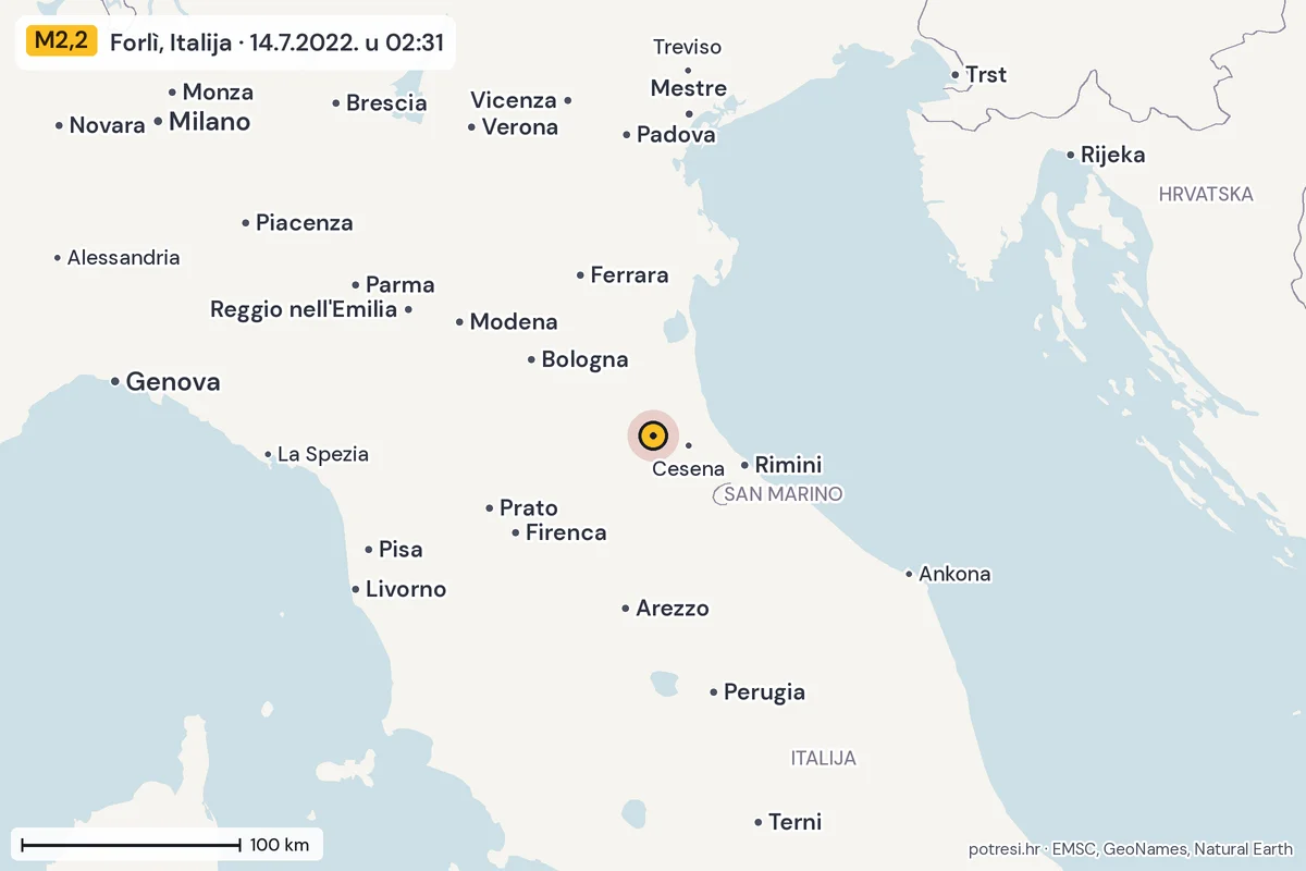 Karta: šire područje, 600 km, potres M2,2, Forlì, Italija, 14.7.2022.