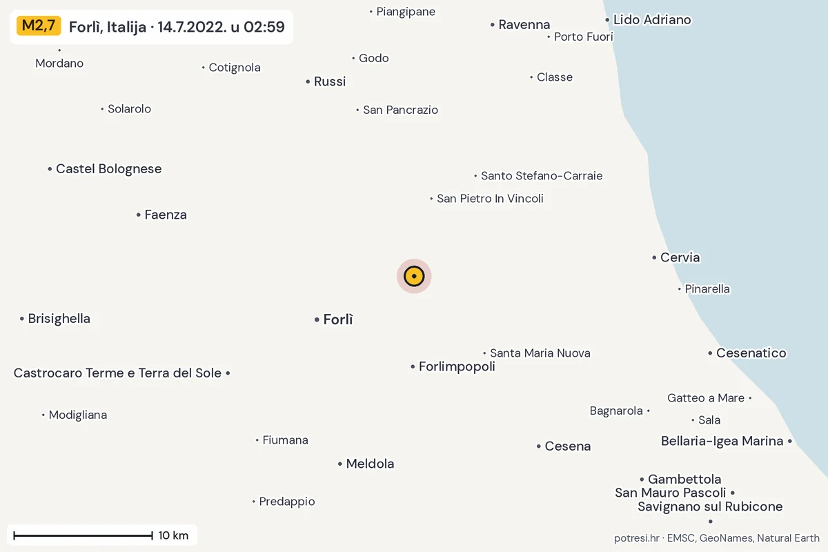 Karta: okolica epicentra, 60 km, potres M2,7, Forlì, Italija, 14.7.2022.