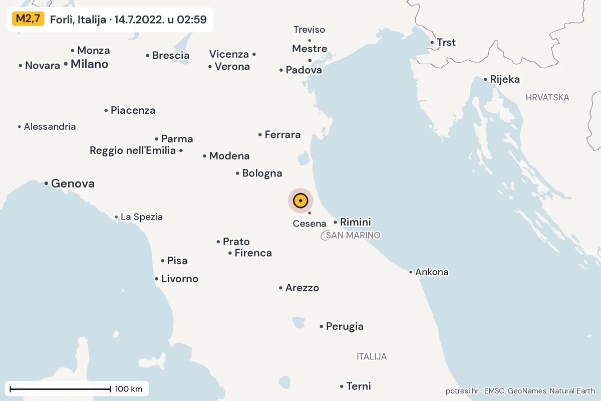 Karta: šire područje, 600 km, potres M2,7, Forlì, Italija, 14.7.2022.
