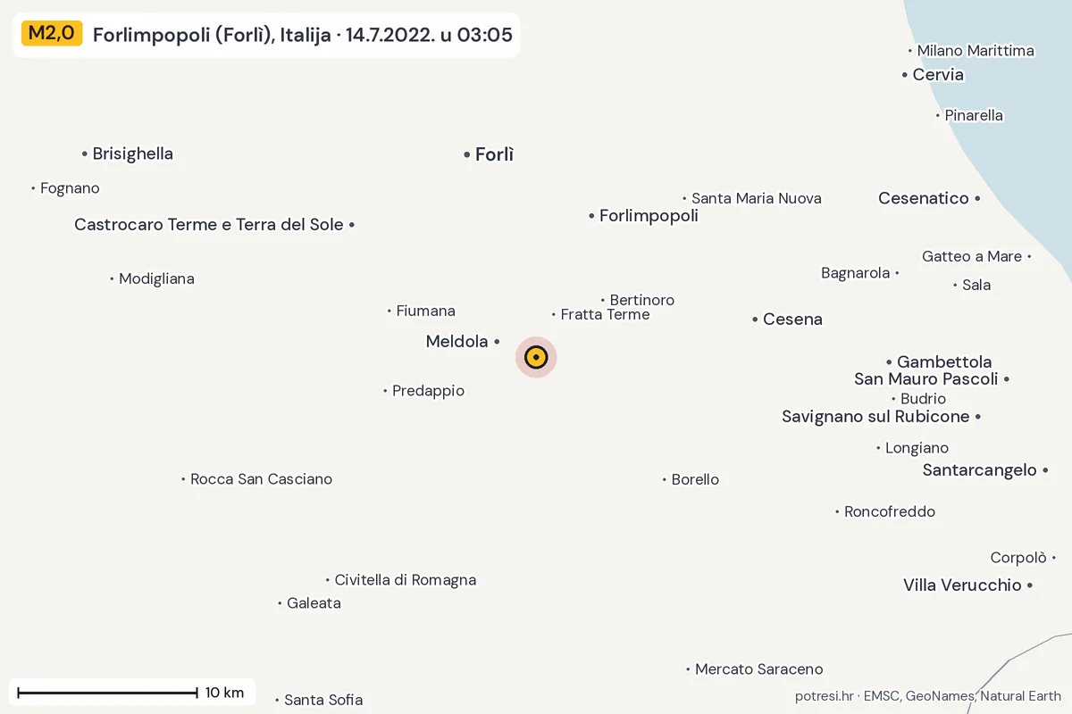 Karta: okolica epicentra, 60 km, potres M2,0, Forlimpopoli (Forlì), Italija, 14.7.2022.