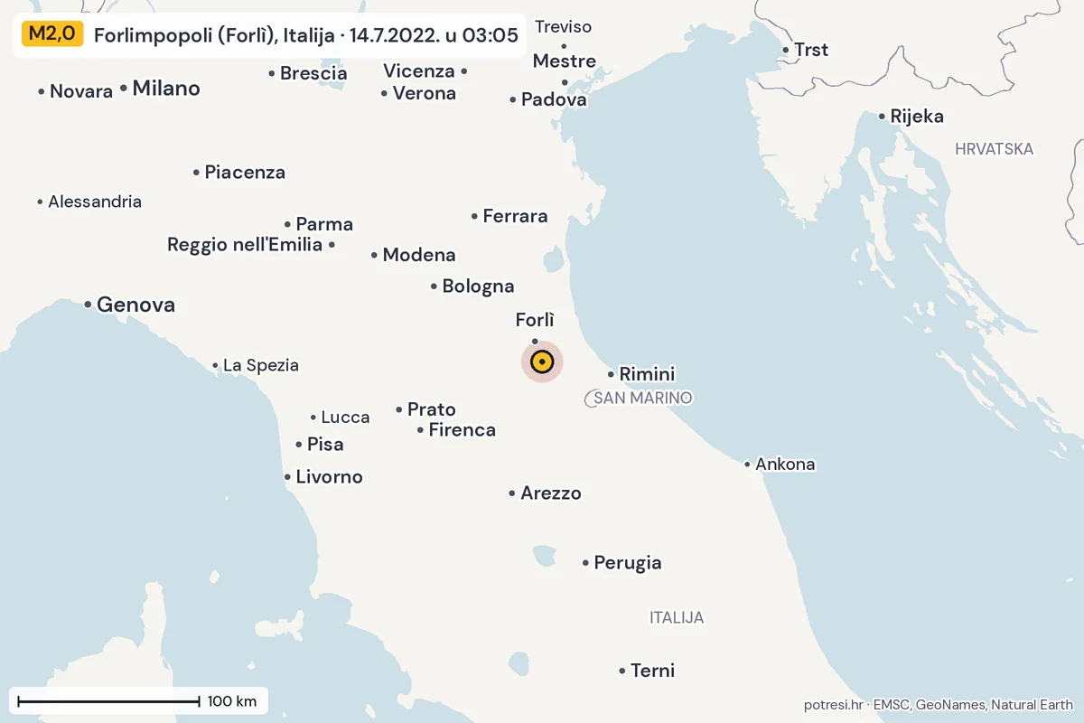 Karta: šire područje, 600 km, potres M2,0, Forlimpopoli (Forlì), Italija, 14.7.2022.
