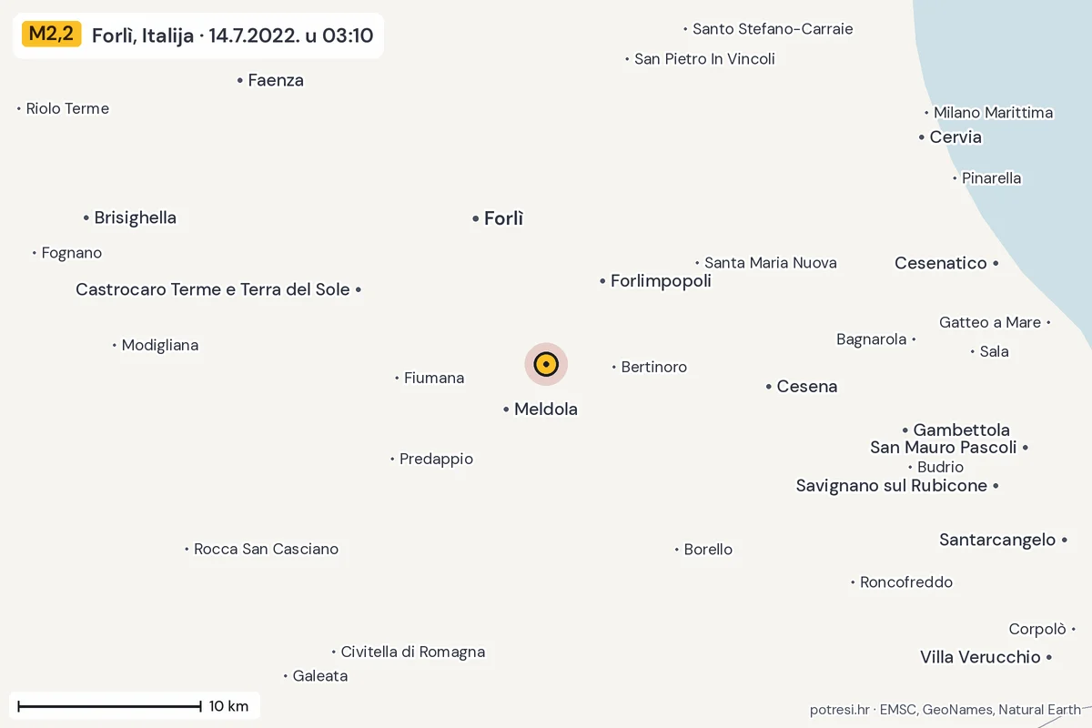 Karta: okolica epicentra, 60 km, potres M2,2, Forlì, Italija, 14.7.2022.