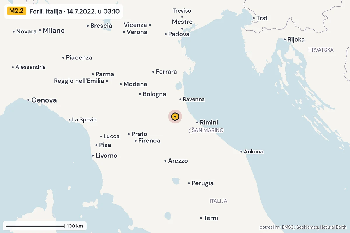 Karta: šire područje, 600 km, potres M2,2, Forlì, Italija, 14.7.2022.