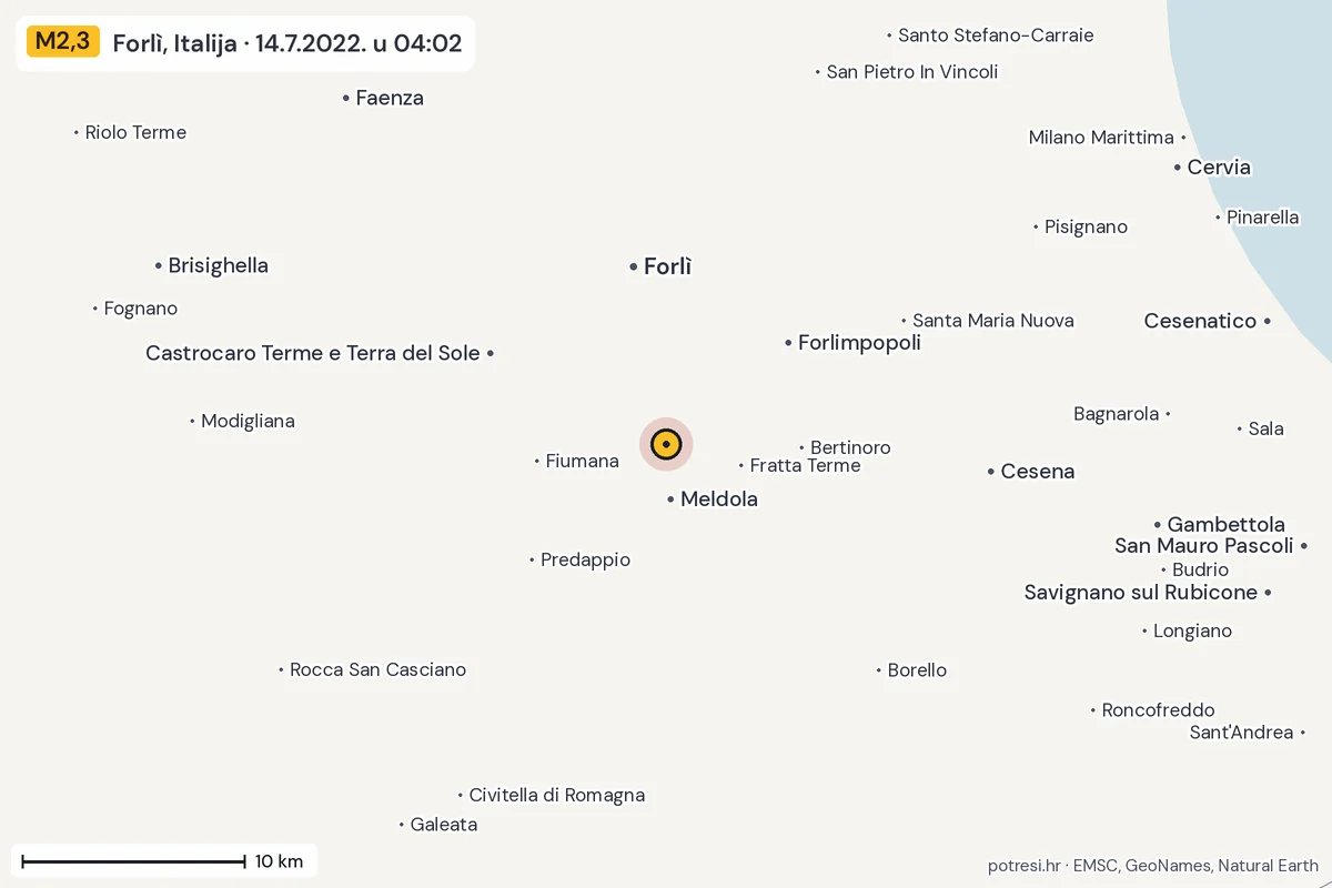 Karta: okolica epicentra, 60 km, potres M2,3, Forlì, Italija, 14.7.2022.