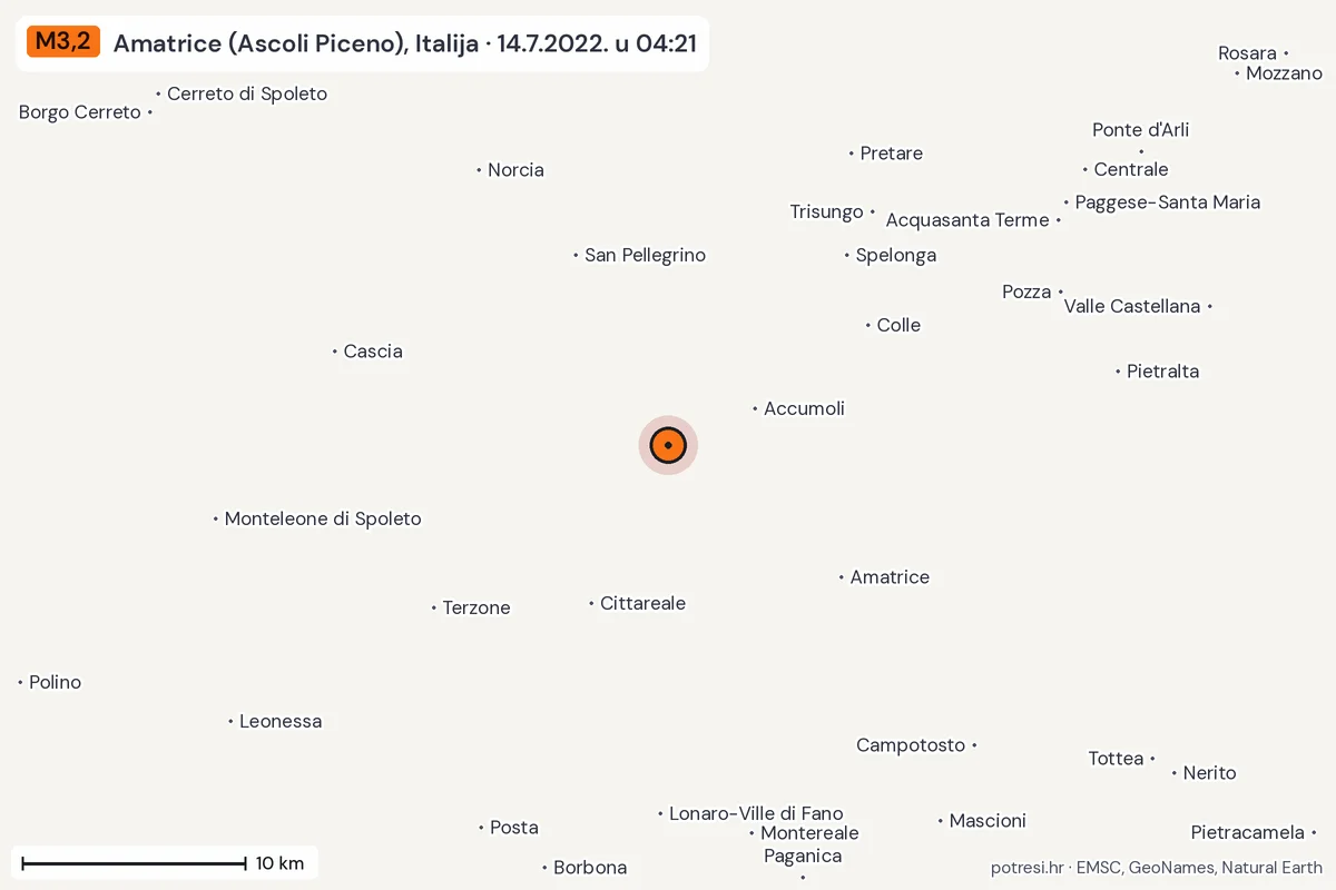 Karta: okolica epicentra, 60 km, potres M3,2, Amatrice (Ascoli Piceno), Italija, 14.7.2022.
