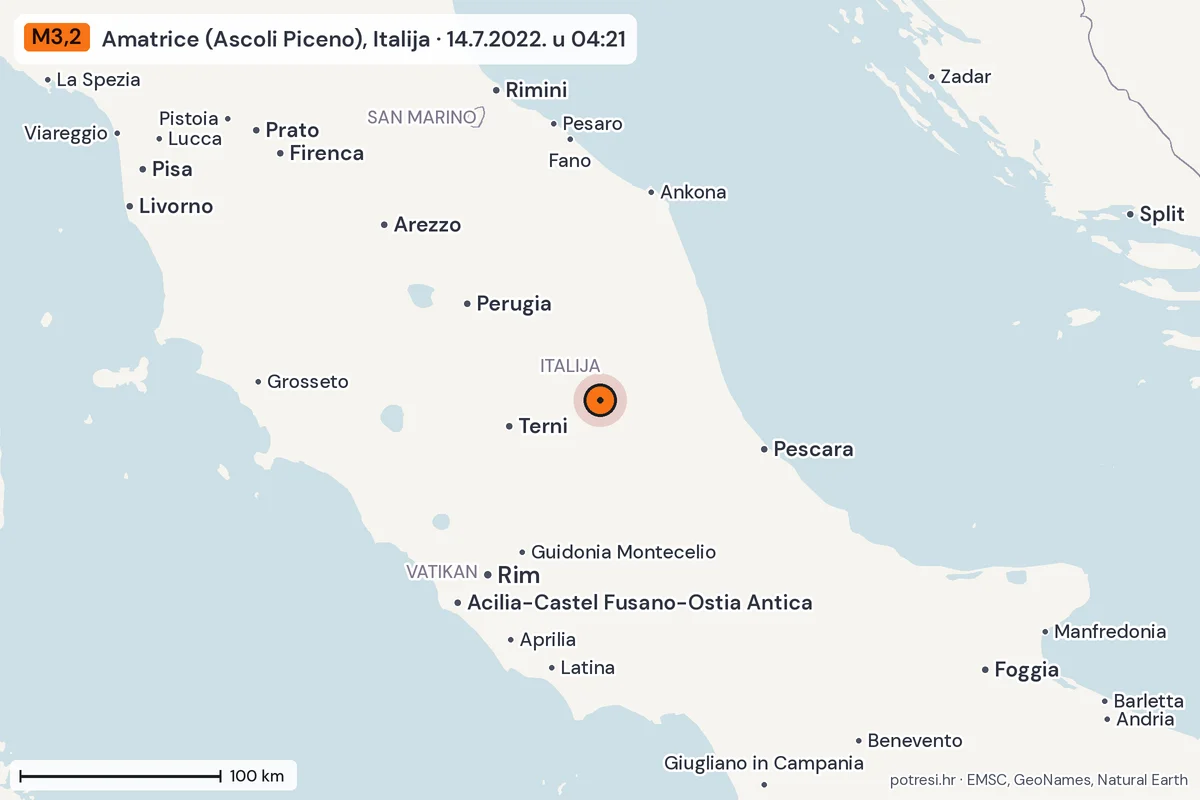 Karta: šire područje, 600 km, potres M3,2, Amatrice (Ascoli Piceno), Italija, 14.7.2022.