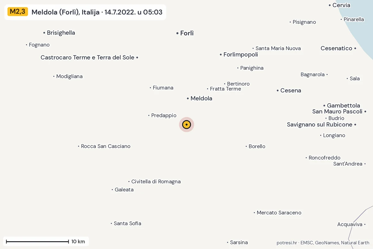 Karta: okolica epicentra, 60 km, potres M2,3, Meldola (Forlì), Italija, 14.7.2022.