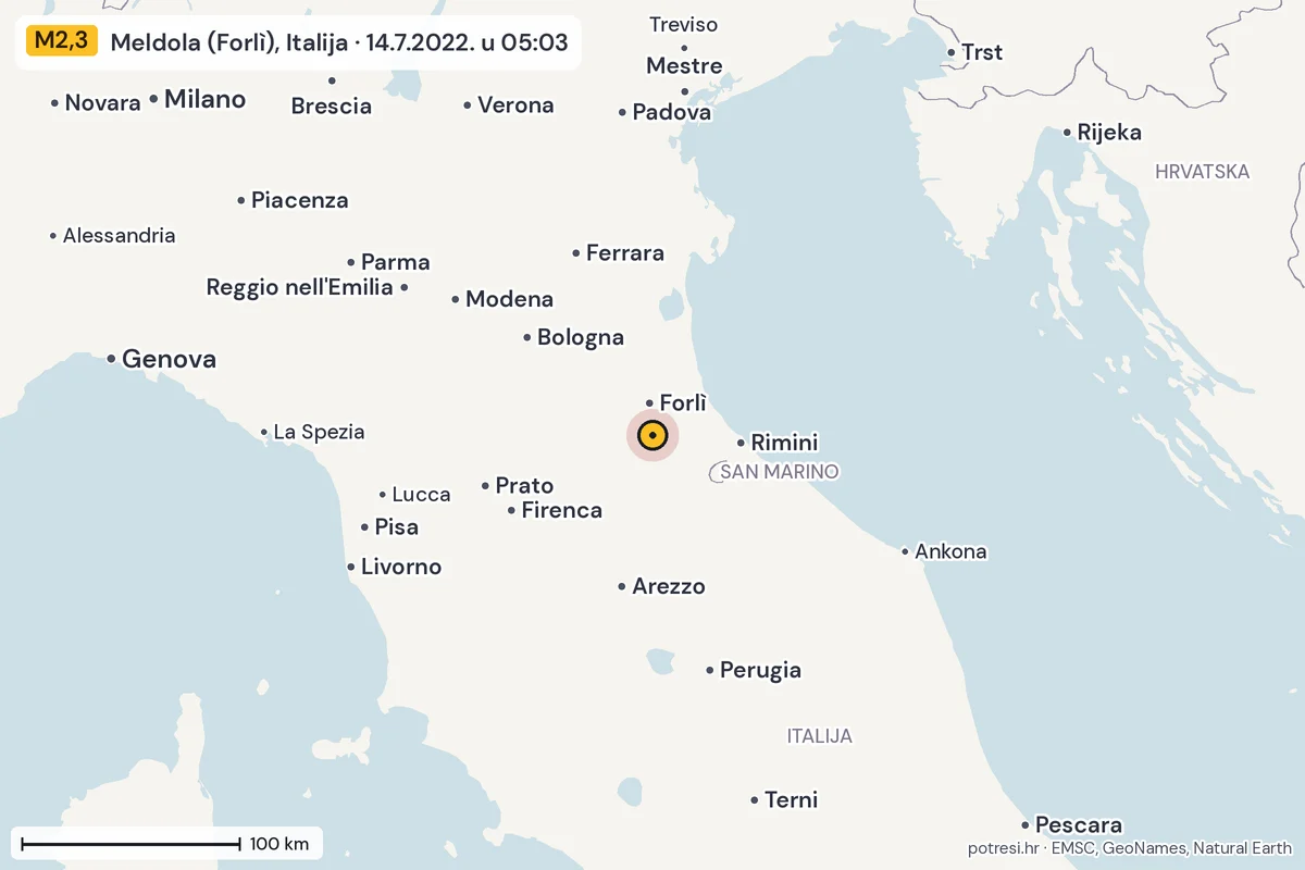 Karta: šire područje, 600 km, potres M2,3, Meldola (Forlì), Italija, 14.7.2022.