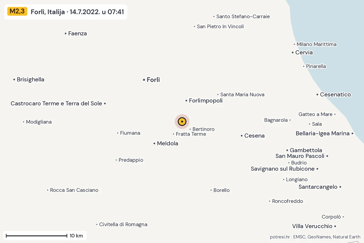 Karta: okolica epicentra, 60 km, potres M2,3, Forlì, Italija, 14.7.2022.