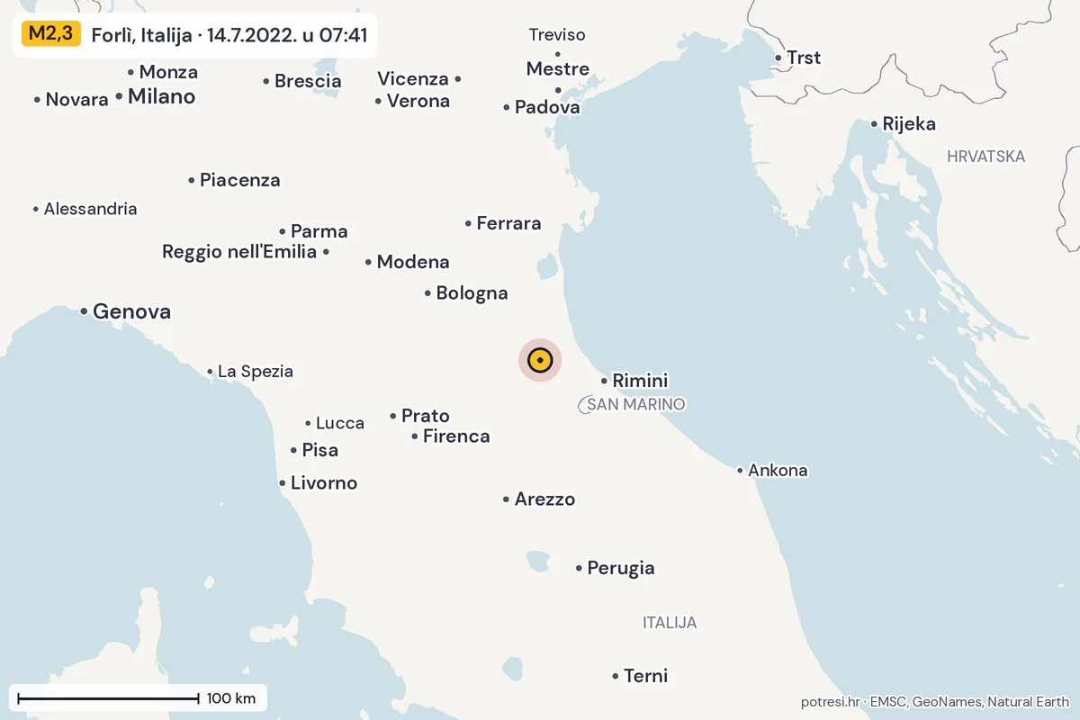 Karta: šire područje, 600 km, potres M2,3, Forlì, Italija, 14.7.2022.