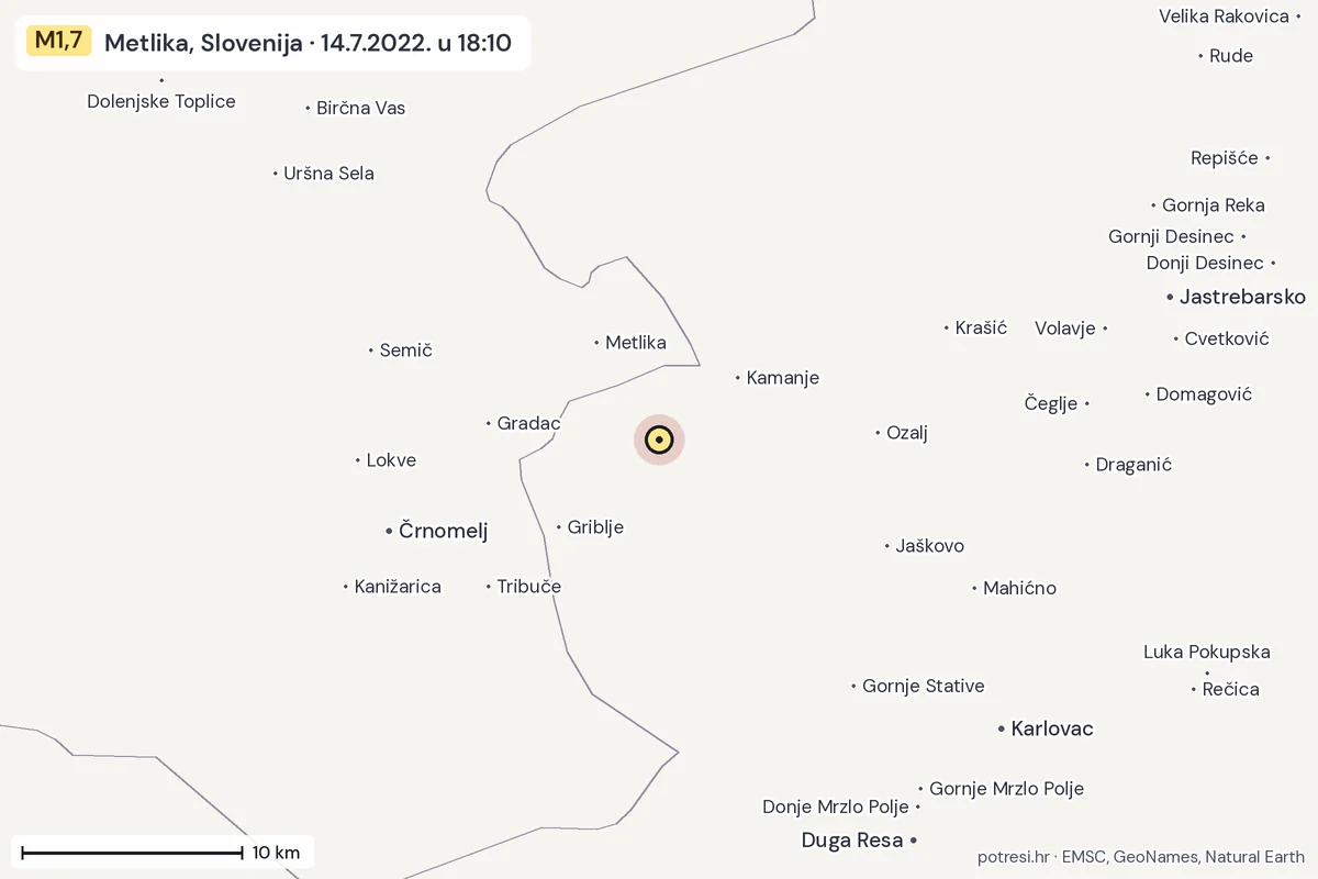 Karta: okolica epicentra, 60 km, potres M1,7, Metlika, Slovenija, 14.7.2022.