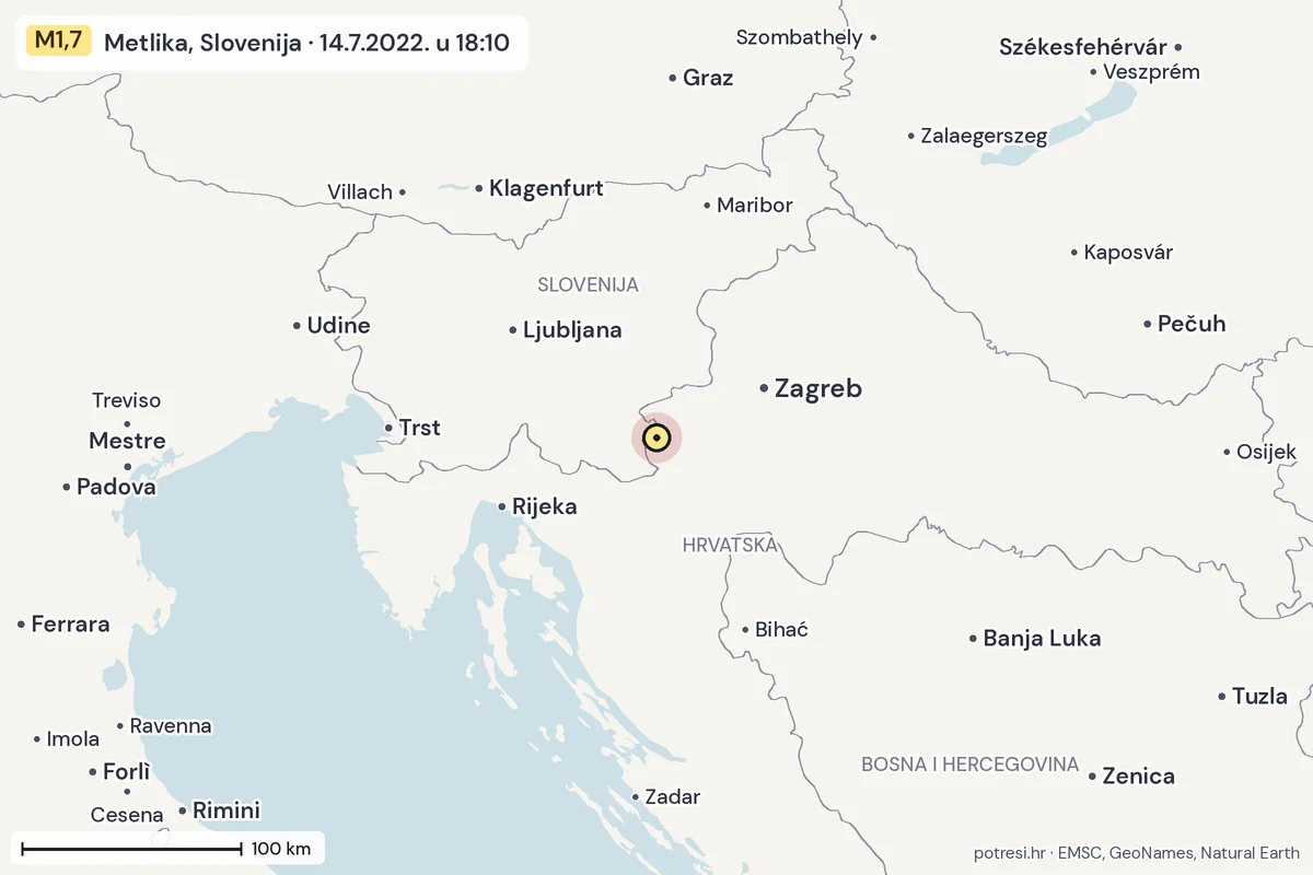 Karta: šire područje, 600 km, potres M1,7, Metlika, Slovenija, 14.7.2022.