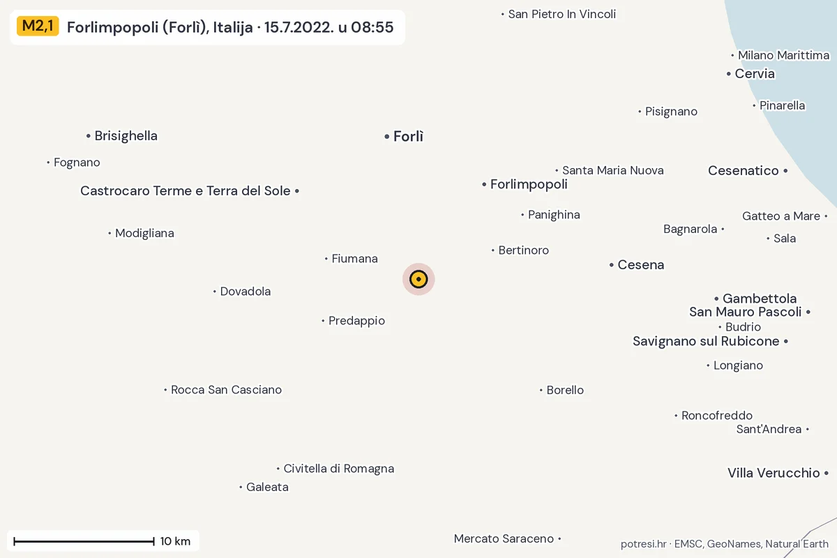 Karta: okolica epicentra, 60 km, potres M2,1, Forlimpopoli (Forlì), Italija, 15.7.2022.