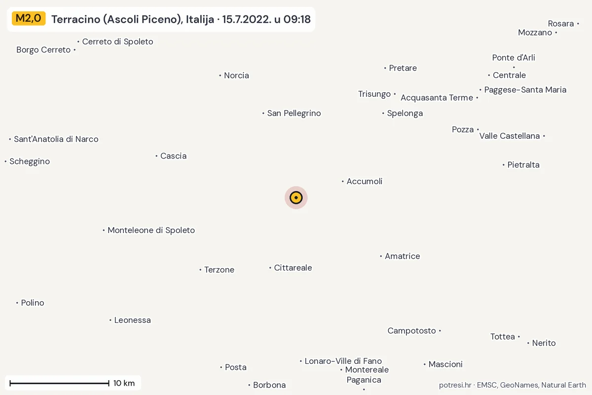 Karta: okolica epicentra, 60 km, potres M2,0, Terracino (Ascoli Piceno), Italija, 15.7.2022.