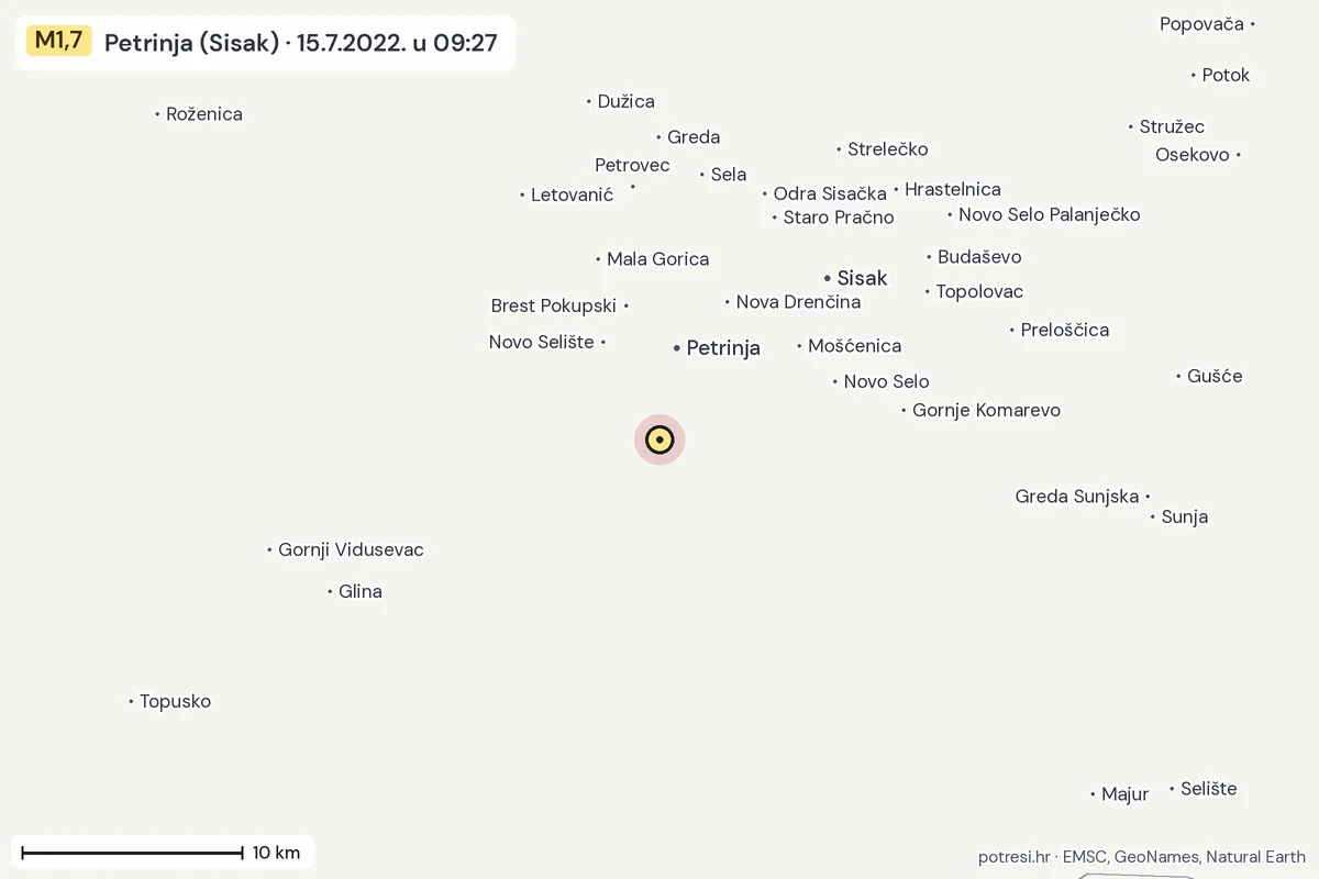 Karta: okolica epicentra, 60 km, potres M1,7, Petrinja (Sisak), 15.7.2022.