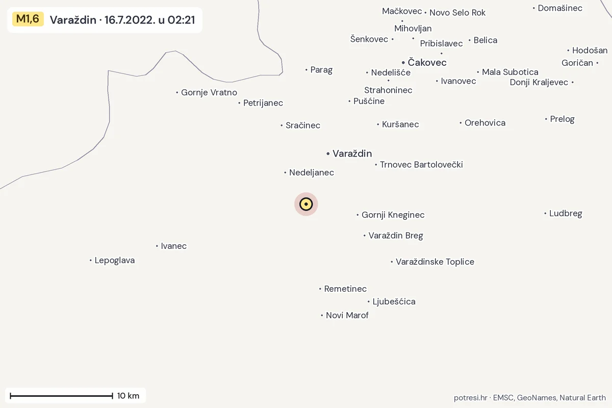 Karta: okolica epicentra, 60 km, potres M1,6, Varaždin, 16.7.2022.