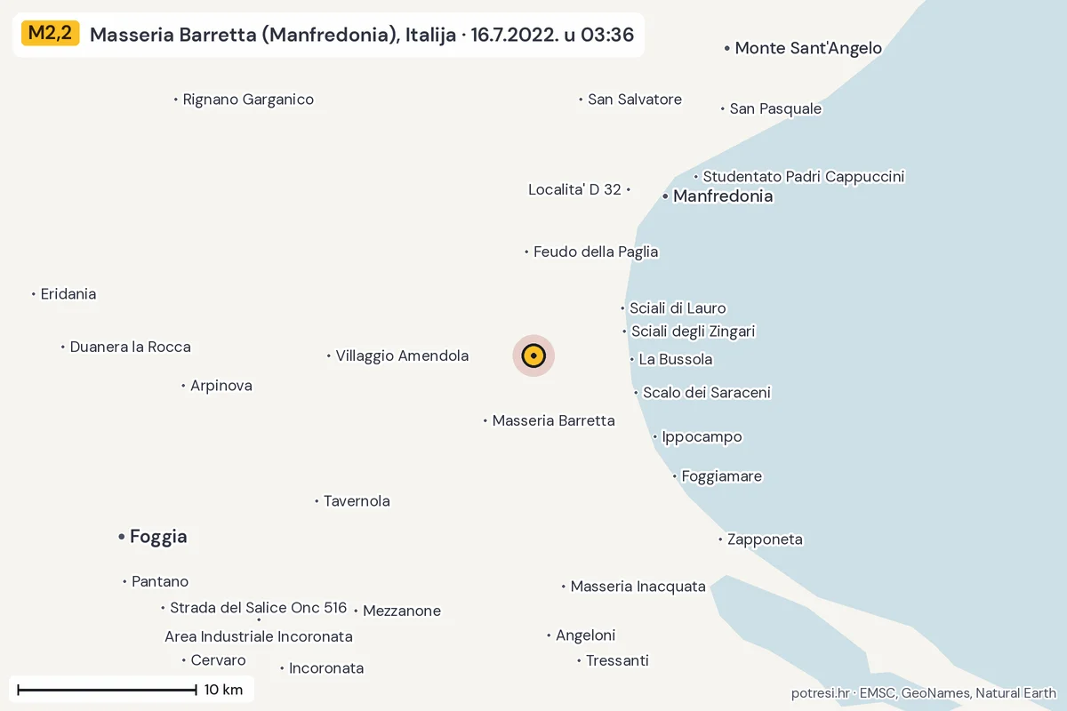 Karta: okolica epicentra, 60 km, potres M2,2, Masseria Barretta (Manfredonia), Italija, 16.7.2022.
