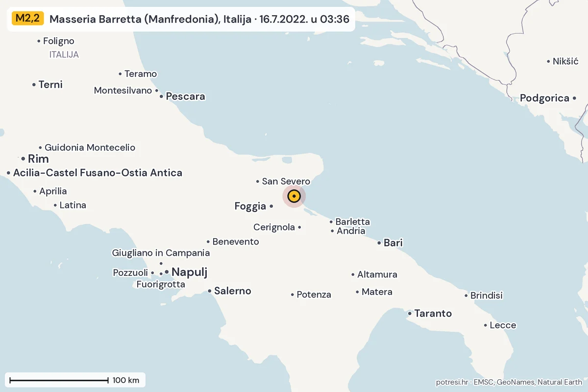 Karta: šire područje, 600 km, potres M2,2, Masseria Barretta (Manfredonia), Italija, 16.7.2022.